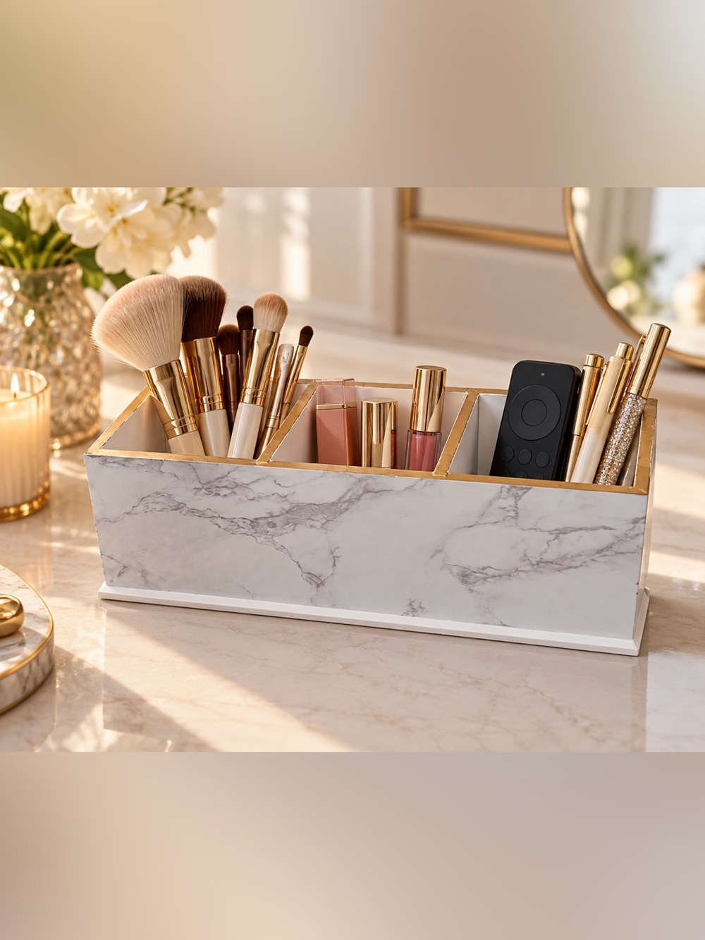 White Marble-Look 3-Compartment Organizer with Gold Trim
